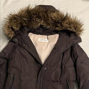 Calvin Klein Dark Brown Jacket with Faux Fur Trim